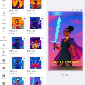 May include: Digital art print featuring a woman in a black dress and cape holding a glowing blue sword. The image has a pink and blue background with the text "ACE OF SWORDS". The print is 2.75 x 4.75 inches.
