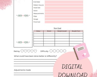 Peut inclure: Un planificateur de projet de crochet numérique avec un fond rose à l'aquarelle. Le planificateur comprend des sections pour les détails du projet, le fil utilisé et les notes. Le texte "TÉLÉCHARGEMENT NUMÉRIQUE" est affiché.