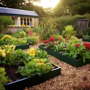May include: A garden featuring raised beds constructed from dark green wood. The beds are planted with a mix of yellow flowers, green leafy vegetables, and red blooms. The garden is bordered by a gravel path and a small stone building.