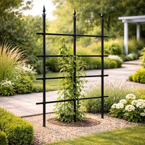 May include: A black metal garden trellis with a decorative pointed top, ideal for climbing plants. The trellis has a rectangular design with horizontal bars. It is set in a garden with greenery and a stone path. The trellis is approximately 183 cm tall.