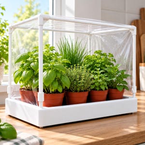May include: A white rectangular indoor greenhouse with a clear plastic cover containing five terracotta pots with various green herbs including basil, chives, and parsley, all arranged on a wooden surface near a window.