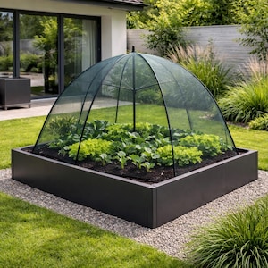 May include: A rectangular raised garden bed filled with green plants, covered by a dark green mesh dome. The bed is dark grey and sits on a bed of small stones, surrounded by green grass and a garden.