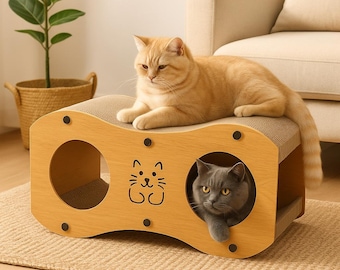 Cat Scratcher House, Bed and Hideaway | 3 in 1 Kitten Cave & Lounger with Heavy Duty Corrugated Cardboard Scratching Mat for Healthy Claws