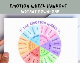 May include: A printable emotion wheel chart with a colorful circular design. The wheel is divided into eight sections, each representing a different emotion. The emotions are labeled with words like "happiness", "anger", "sadness", "fear", and "surprise".
