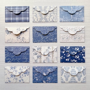 Set of 12 Blue patterned paper handmade Mini Envelopes 5.2cm x 7.9cm / Watercolour painting Blank Card 4.5cm x 7.1cm / heart shaped sticker