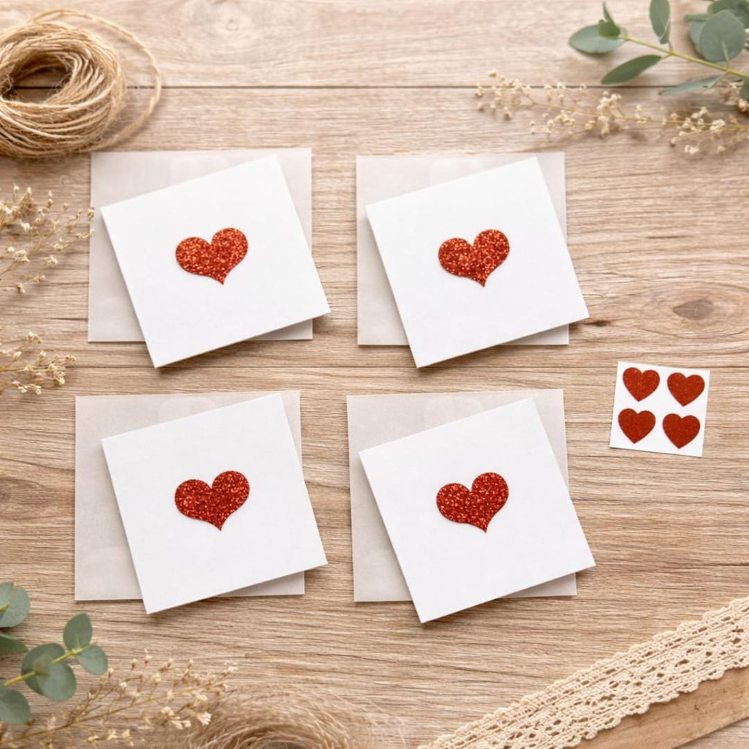 Set of 4, Handmade Red Glitter Heart Mini Notecards, Mini Thick Vellum ...