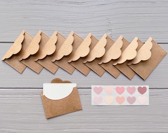 A Set of 10 Brown Kraft paper Mini Envelopes 5.2cm x 7.9cm / Watercolour painting Blank Card 4.5cm x 7.2cm / Heart shaped sticker