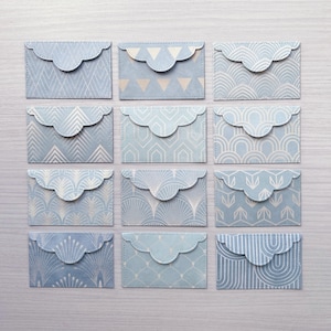 Set of 12 Blue patterned paper handmade Mini Envelopes 5.2cm x 7.9cm / Watercolour painting Blank Card 4.5cm x 7.1cm / heart shaped sticker