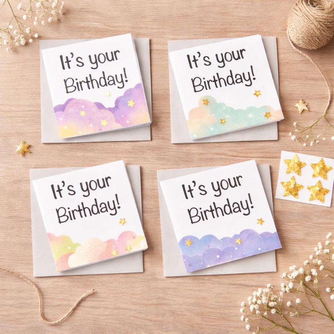 Set of 4, Cute Mini Birthday Handmade Cards With Gold Stars, Mini Thick ...