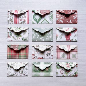 Set of 12 Christmas patterned paper handmade Mini Envelopes 5.2cm x 7.9cm / Watercolour painting Blank Card 4.5cm x 7.1cm / heart sticker