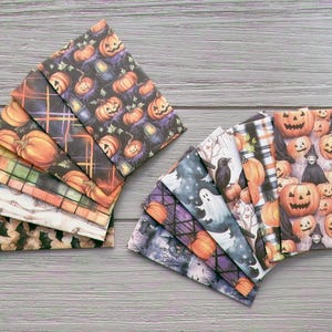 May include: A selection of Halloween-themed paper sheets with diverse patterns. Designs include jack-o'-lanterns, bats, skeletons, ghosts, and plaid. The colour palette features orange, black, purple, and white, ideal for crafting or scrapbooking projects.