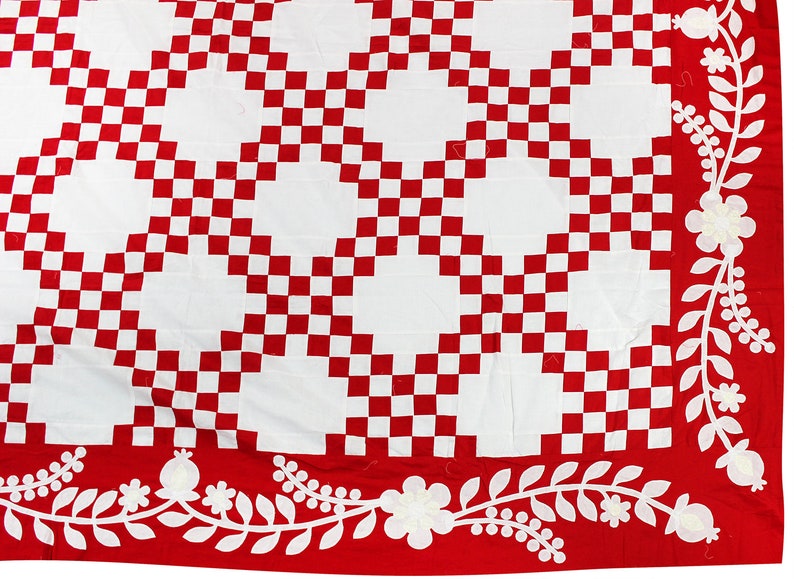 Red /& White Double Irish Chain QUILT TOP w hand applique borders