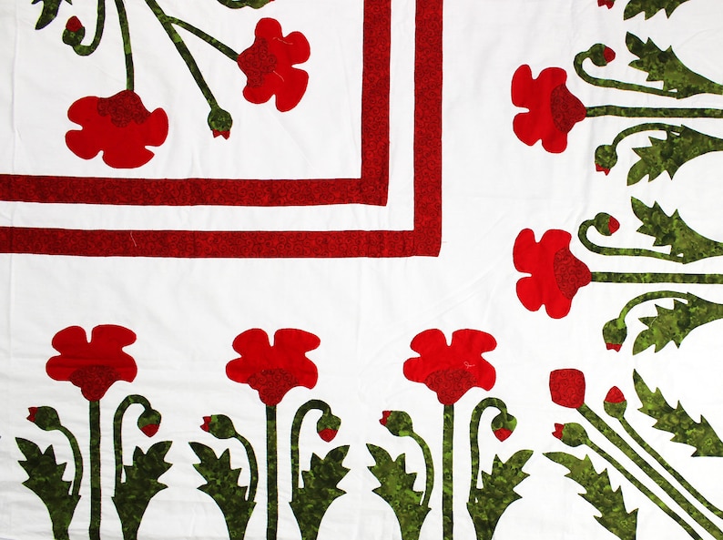 Unique Hand Applique Red Poppy Field Medallion QUILT TOP Poppy Borders