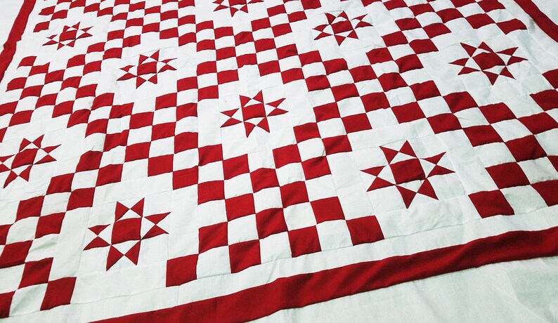 Patchwork Dark Red /& White Double Irish Chain Star QUILT TOP