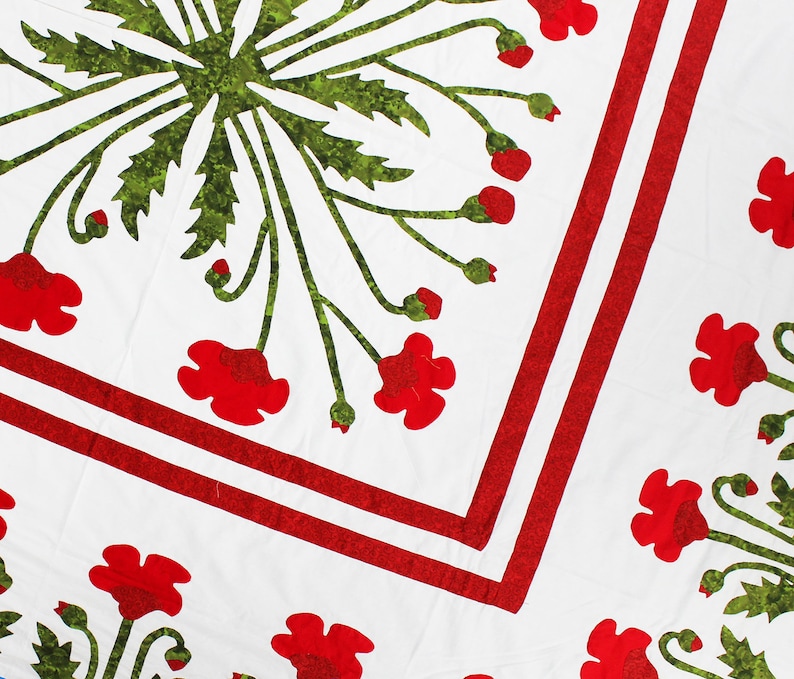 Unique Hand Applique Red Poppy Field Medallion QUILT TOP Poppy Borders