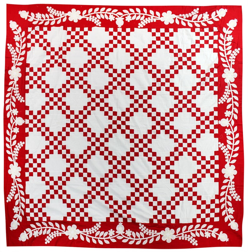 Red /& White Double Irish Chain QUILT TOP w hand applique borders