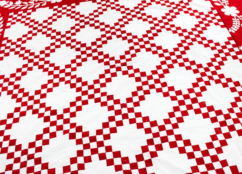 Red /& White Double Irish Chain QUILT TOP w hand applique borders