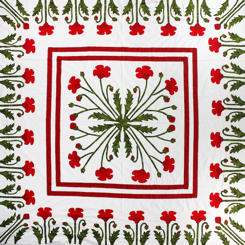 Unique Hand Applique Red Poppy Field Medallion QUILT TOP Poppy Borders