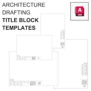 May include: Three different title block templates for architectural drafting. Each template includes a space for a drawing number, project name, date, scale, and a design studio logo. The templates are labeled "01 A".