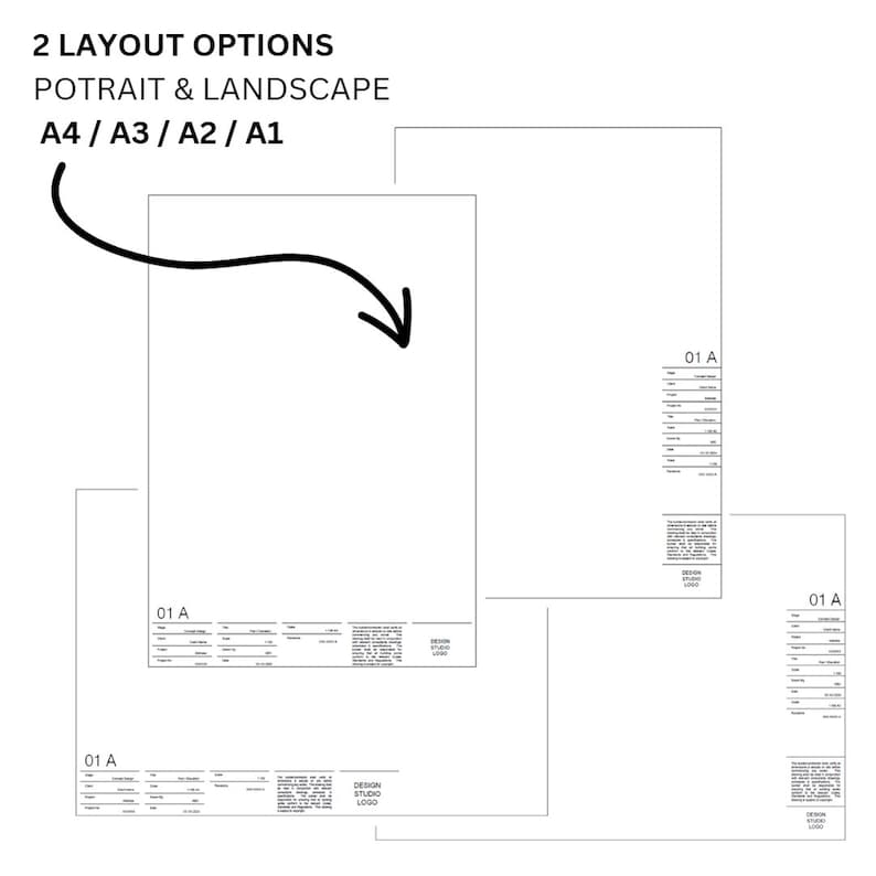 May include: A diagram showing two layout options for a design project. The options are portrait and landscape. The sizes are A4, A3, A2, and A1. The text "01 A" appears on each layout option.