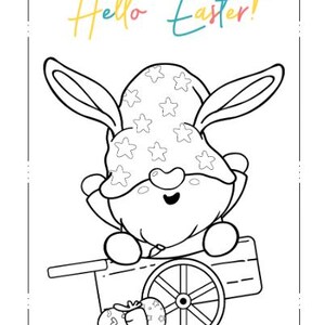 Pode incluir: Uma ilustração em preto e branco de um coelho usando um chapéu com estrelas e puxando um carrinho com cenouras. O texto "Hello Easter!" está escrito acima do coelho.