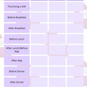 May include: A purple and white chart with the headings "Time of Day", "Went Pee", "Went Poop", and "Sat on Toilet". The chart is divided into rows for different times of day, such as "First thing in AM", "Before Breakfast", "After Breakfast", "Before Lunch", "After Lunch/Before Nap", "After Nap", "Before Dinner", "After Dinner", and "Before Bed".