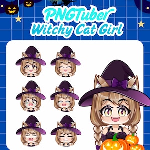 Premade PNGTuber Witchy Cat Girl – Halloween-thema | Gebruiksklaar Chibi VTuber-model