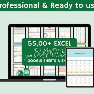 Op de afbeelding: Een laptopscherm waarop een verzameling van meer dan 55.000 Excel- en Google Sheets-sjablonen wordt weergegeven. De tekst "55,000+ EXCEL BUNDLE GOOGLE SHEETS & EX" wordt op het scherm weergegeven. Naast de laptop is een tablet te zien waarop een voorbeeldspreadsheet wordt weergegeven met de titel "JAARVERSLAG".