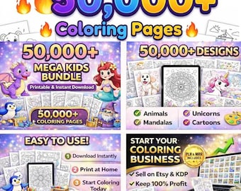 50,000+ Printable Coloring Pages Mega Bundle | Kids & Adults Coloring Book PDF |Digital Download | PLR MRR Commercial Use | Instant Download