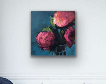 Efflorescent: Original acrylic artwork, Canadian artist, pink blooms on turquoise