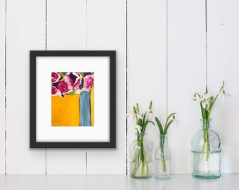 Blooms on yellow background: original acrylic painting home decor, floral