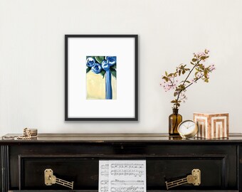 Blue floral Original art, abstract painting. Home decor. Light yellow background