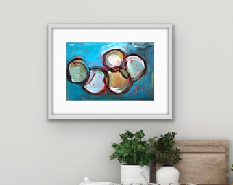 Abstract circles on blue original art, contemporary painting.