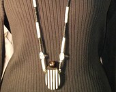 Perfume Bottle Necklace carved bone Ebony wood flapper style long beaded jewelry tribal vintage rare