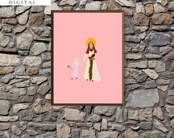 Female saint / Our Lady with little girl / Downloadable Saint Print / Catholic Gift