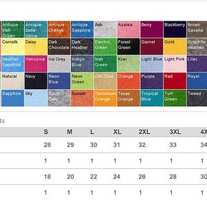 May include: Color chart with various fabric colors, including white, black, red, and blue. Measurements for body length and width are displayed in inches, ranging from 28 to 35 inches in length and 18 to 32 inches in width.