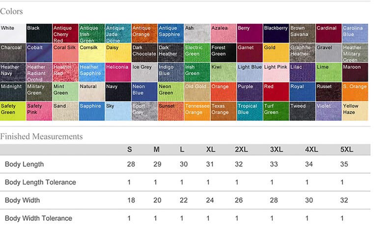 May include: Color chart with various fabric colors, including white, black, red, and blue. Measurements for body length and width are displayed in inches, ranging from 28 to 35 inches in length and 18 to 32 inches in width.
