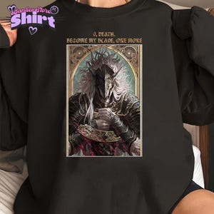 May include: A black and white illustration of a character with long white hair and a helmet, holding a sword. The text "O, Death. Become my blade, one more" is above the character.