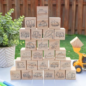 Baby Shower Game – Transportation Alphabet Wooden Blocks Set, Decorate a Block Activity, Car Truck Theme