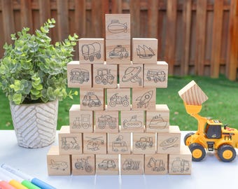 Baby Shower Game – Transportation Alphabet Wooden Blocks Set, Decorate a Block Activity, Car Truck Theme
