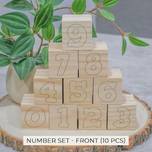 May include: Wooden number blocks stacked on a wooden slice, with the numbers 0-9 outlined on each block. The blocks are arranged in a pyramid shape. The text "NUMBER SET - FRONT (10 PCS)" is at the bottom of the image.
