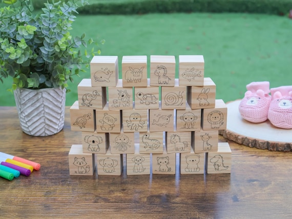 Baby Shower Game – Animal Alphabet Wooden Blocks Set, Decorate a Block Activity