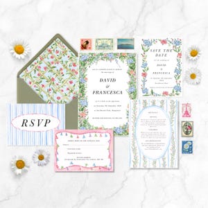 Lot de faire-part de mariage imprimés inspirés d'un jardin floral traditionnel - Papeterie de mariage aquarelle de luxe peinte à la main pour les mariées