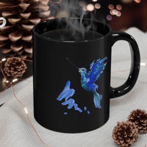Hummingbird Coffee Mug, Black Ceramic Watercolor Colibri Taza Negra Cafe - Gift for Bird Lover, Kitchen Decor, Tea  Time, Unique Gift