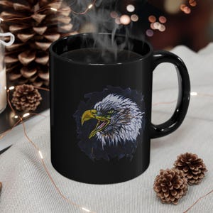 Bald Eagle Black Mug, Patriotic Coffee Cup for USA Pride, Bald Eagle Gift, Ceramic Tea Mug, Kitchen Decor, Bird Lover Present