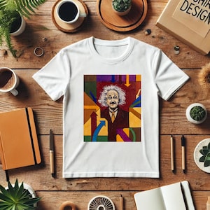 Puede incluir: Camiseta blanca con un estampado gráfico colorido de Albert Einstein con formas geométricas y flechas. El texto "T-SHIRT DESIGN" es visible en una caja marrón en el fondo.