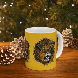 White & Yellow Lion Ceramic Mug, Unique Animal Coffee Cup, Jungle Safari Tea Mug, Gift for Wildlife Lovers, Rustic Kitchen Decor, 11oz, 15oz
