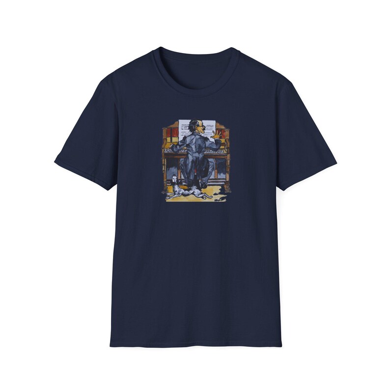 May include: A navy blue t-shirt featuring a graphic of a man playing an organ with a dog sitting beside him.