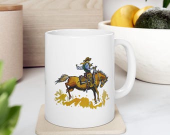 Cowboy and Horse White Ceramic Mug, Western Coffee Cup, Rodeo Lover Gift, Wild West Kitchen Decor, Horseback Riding Mug, Cowboys & Indians
