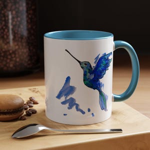 Colibrí Bicolor Coffee Mug, Hummingbird Tea Cup, Kitchen Decor, Gift for Bird Lover, Spanish Design, Ceramic Drinkware
